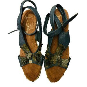 Sam Edelman Blue Leather Wedge Sandals Floral Coin Accents & Adjustable Straps -